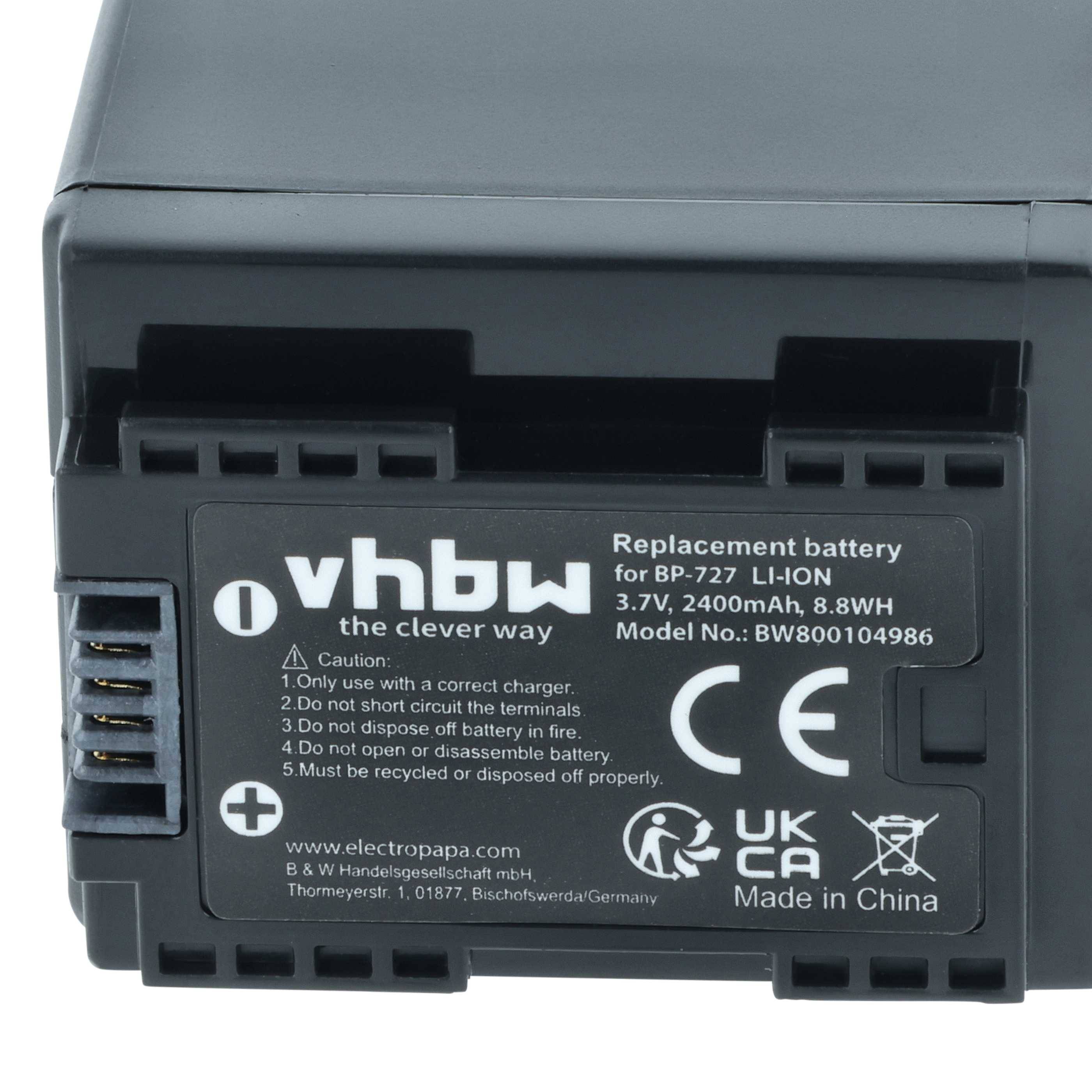 Schwarzer vhbw Ersatzakku für BP-727 Li-Ionen, 3,7V, 2400mAh, 8,8Wh, mit Recycling- und 'Made in China'-Kennzeichnungen.