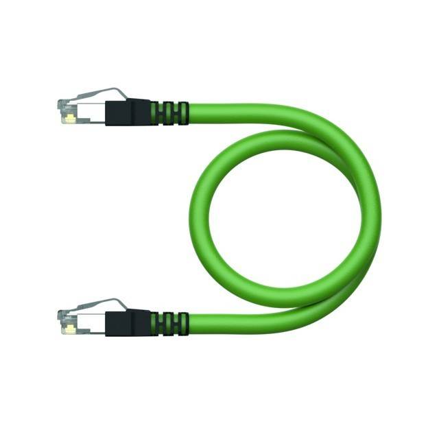 Grünes Ethernet-Kabel mit RJ45-Steckern an beiden Enden, zu einer Schleife aufgewickelt auf weißem Hintergrund.