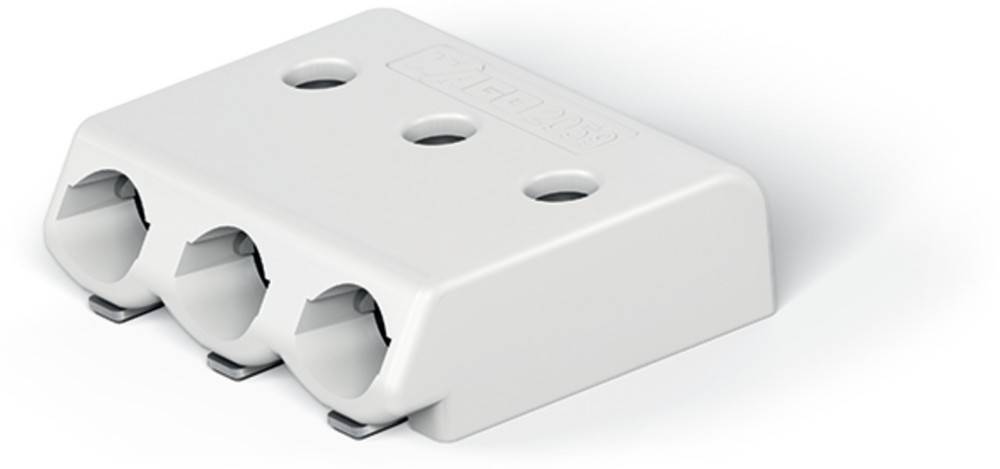 Ein weißer, rechteckiger elektrischer Anschluss mit drei kreisförmigen Löchern oben, der für Kabelverbindungen verwendet wird.