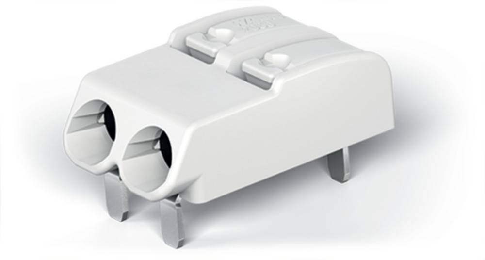Ein weißer Kunststoff-Doppel-Flachstecker-Adapter mit zwei Steckdosen und einem stromlinienförmigen Design, der auf einer weißen Oberfläche liegt.