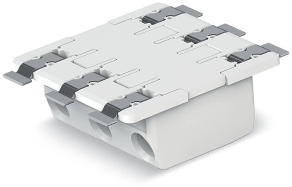 Ein weißer modularer Anschlussblock mit mehreren Anschlussschlitzen und männlich-weiblicher Klemmdesign, der für elektrische Anwendungen verwendet wird.