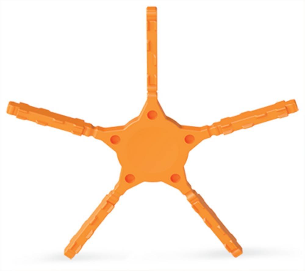 Ein orangefarbenes, sternförmiges Objekt mit fünf Armen, die sich von einem zentralen Mittelpunkt erstrecken und einem flexiblen Werkzeug oder Spielzeug ähneln.