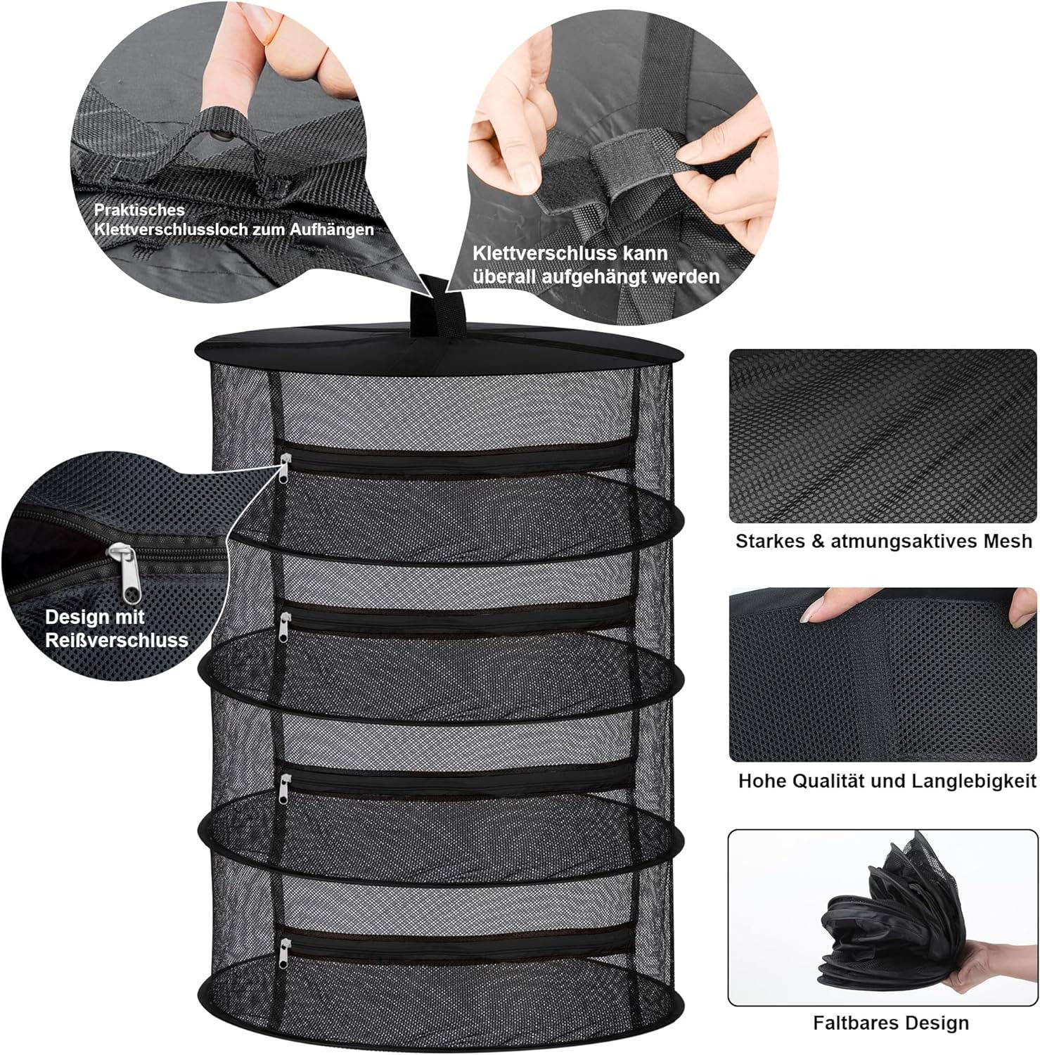 Trockennetz, faltbares Hängenetz mit 4 Ebenen für Kräuter und Kleidung, inklusive Reißverschluss