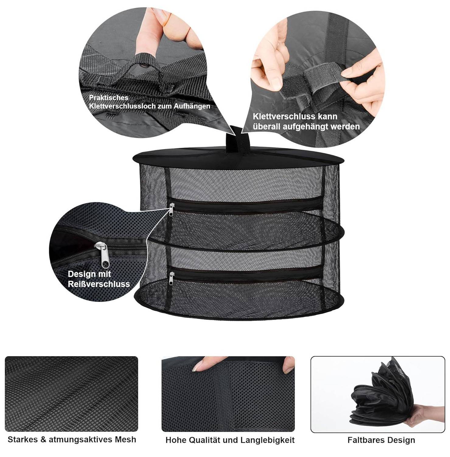 Trockennetz, faltbares Hängenetz mit 2 Ebenen für Kräuter und Kleidung, inklusive Reißverschluss