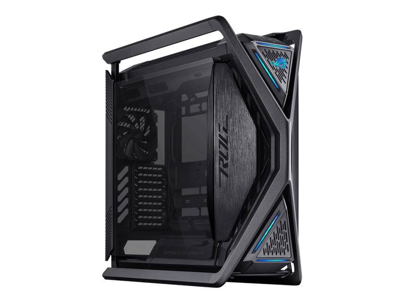 Stilisiertes schwarzes PC-Gehäuse mit großem getöntem Seitenpaneel, eckigem Rahmen und blauen Akzentbeleuchtungen an den vorderen und hinteren Lüftungsöffnungen.