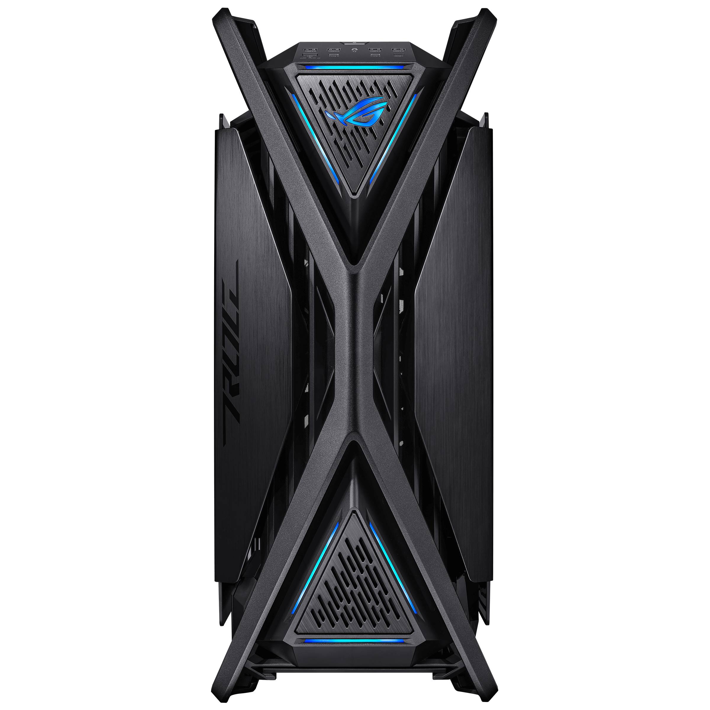 Vorderansicht eines ROG TUF Gaming-PC-Gehäuses mit kantigem schwarzen Panelen und blauen Beleuchtungsakzenten auf schwarzem Hintergrund.