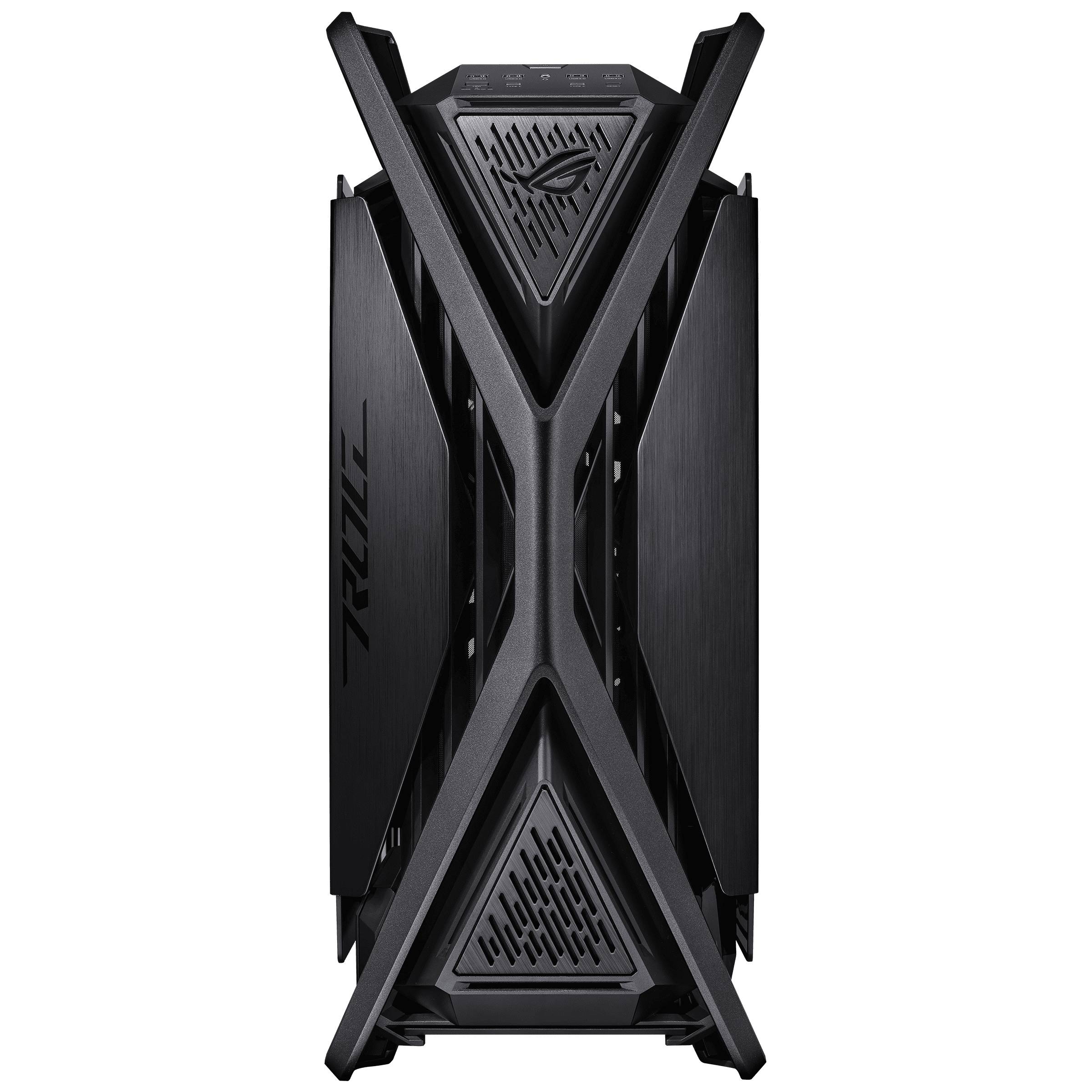 Nahaufnahme eines schwarzen ASUS ROG Desktop-Towers mit kantigen X-förmigen Frontpanelen und einem 