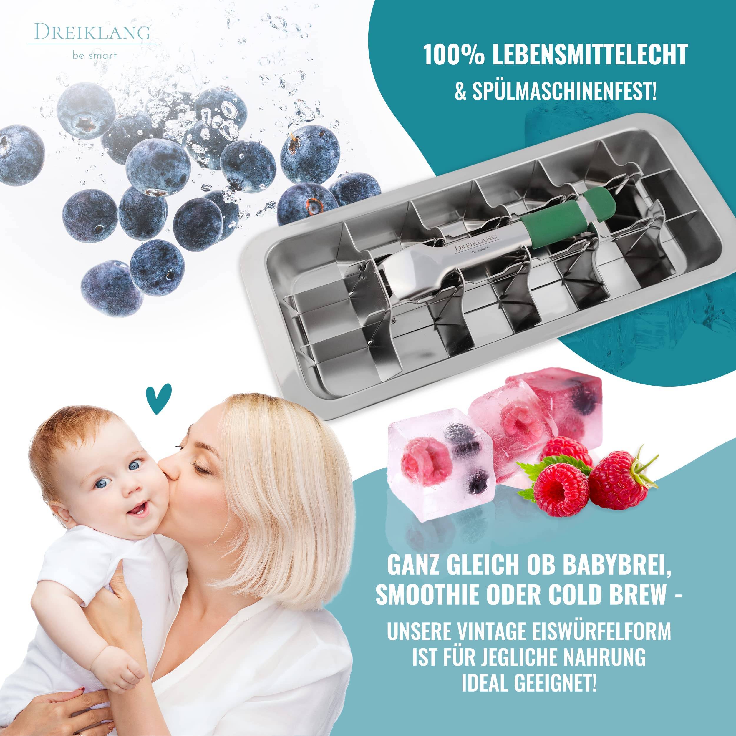 Dreiklang - be smart® Polierte 18/8 Edelstahl Eiswürfelform mit Hebeleinsatz für müheloses Entnehmen I kälteschonenden Komfortgriff I Lebensmitte