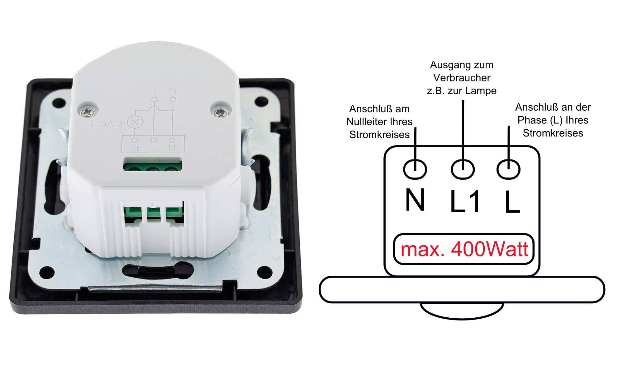 Milos Bewegungsmelder 160° 7m Reichweite 230V I 3-Draht I Für LED geeignet I mit 1-Fach Rahmen Anthrazit