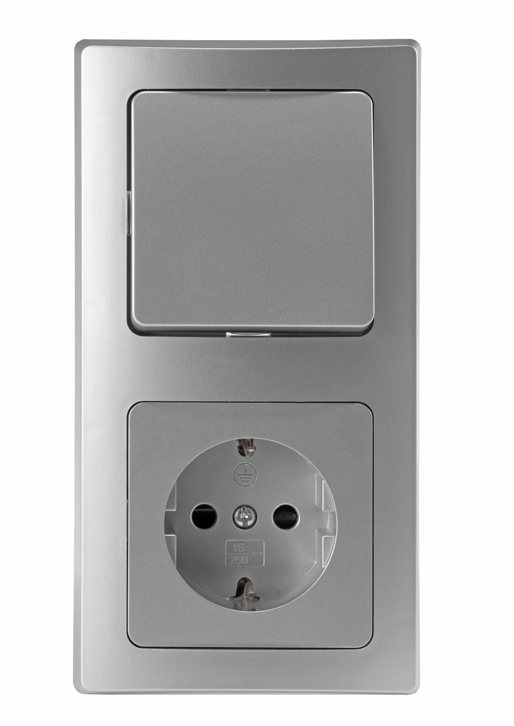 Delphi Steckdose mit Lichtschalter Kombination - 250V Schutzkontakt Steckdose mit Wechsel-Schalter 2-Fach Rahmen I Unterputz Einbau I Farbe Silber