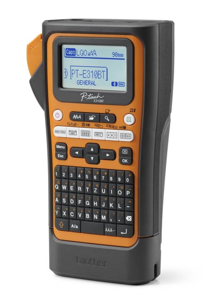 Ein tragbarer Etikettendrucker mit orange-schwarzem Design, auf dessen Display der Text 'PT-E310BT' zu sehen ist. Ausgestattet mit zahlreichen Eingabetasten.
