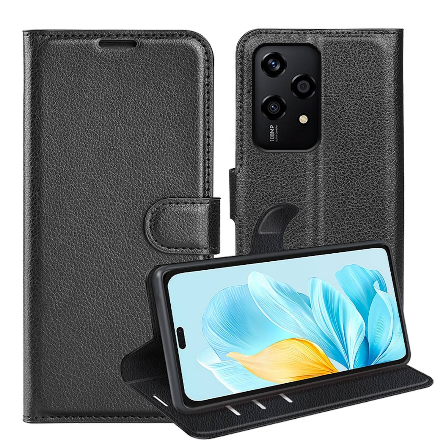 Für Honor 200 Lite Kunst-Leder Book Wallet Tasche Handy Case Schwarz