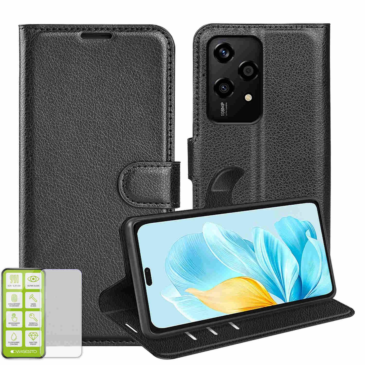 Für Honor 200 Lite Kunst Leder Book Wallet Tasche Schwarz + H9 Glas