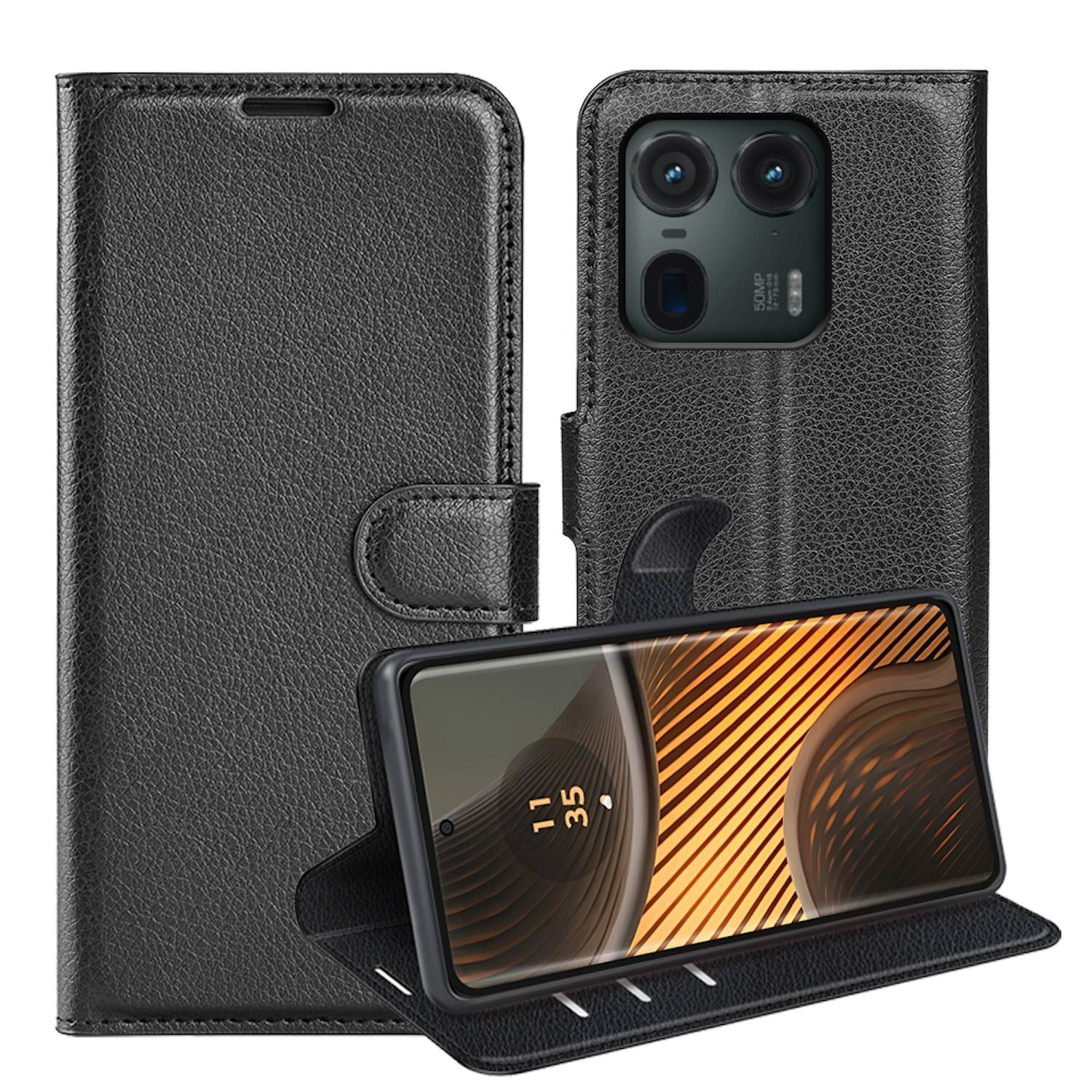 Für Motorola Edge 50 Pro 5G Kunst-Leder Book Wallet Tasche Schwarz