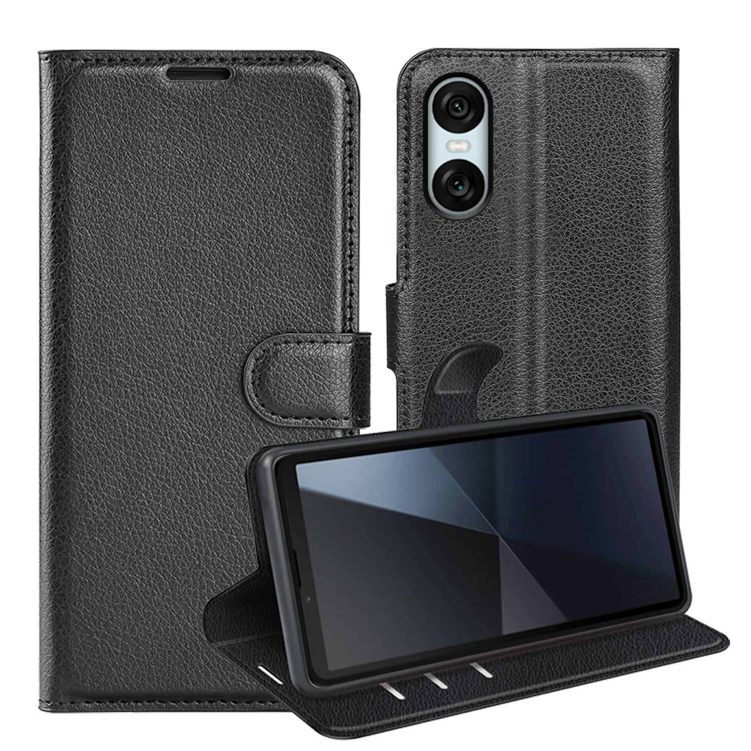 Für Sony Xperia 10 VI Kunst-Leder Book Wallet Schutz Tasche Schwarz