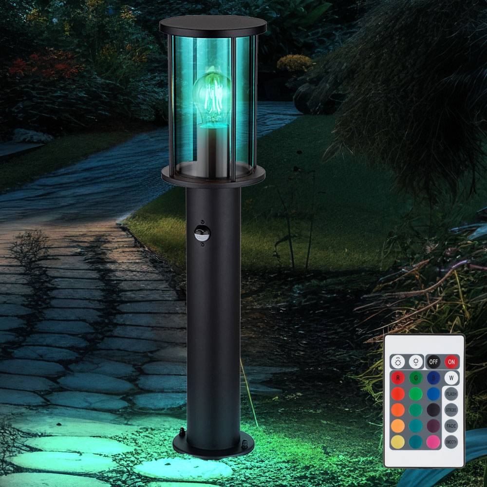 Stehleuchte Edelstahl Wegeleuchte Sensor Gartenlampe Außenlampe schwarz Rauchglas Bewegungsmelder, Fernbedienung dimmbar, 1x RGB LED 8,5W 806Lm