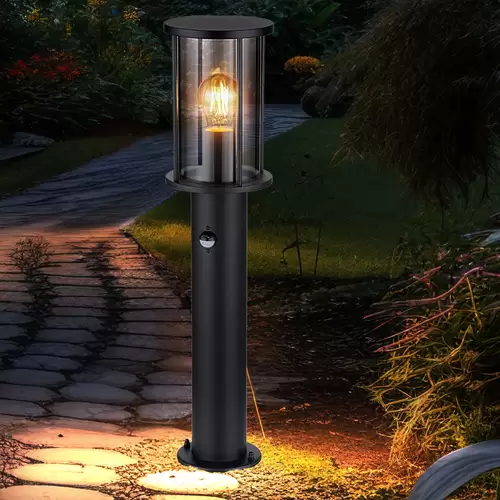 Stehleuchte Wegeleuchte Gartenlampe Außenlampe Metall schwarz Glas rauch Bewegungsmelder Edelstahl, 1x E27, H 60 cm Stehleuchte Wegeleuchte Gartenlampe Außenlampe Metall schwarz Glas rauch Bewegungsmelder Edelstahl, 1x E27, H 60 cm