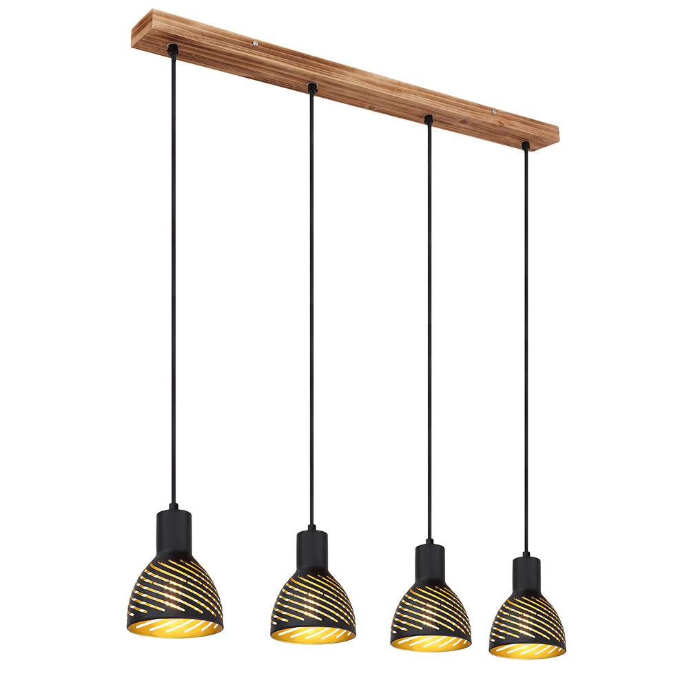 Hängelampe schwarz gold Esstischleuchte Pendellampe 4 flammig Wohnzimmer, Metall Holzoptik, 4x E27, LxH 90x120
