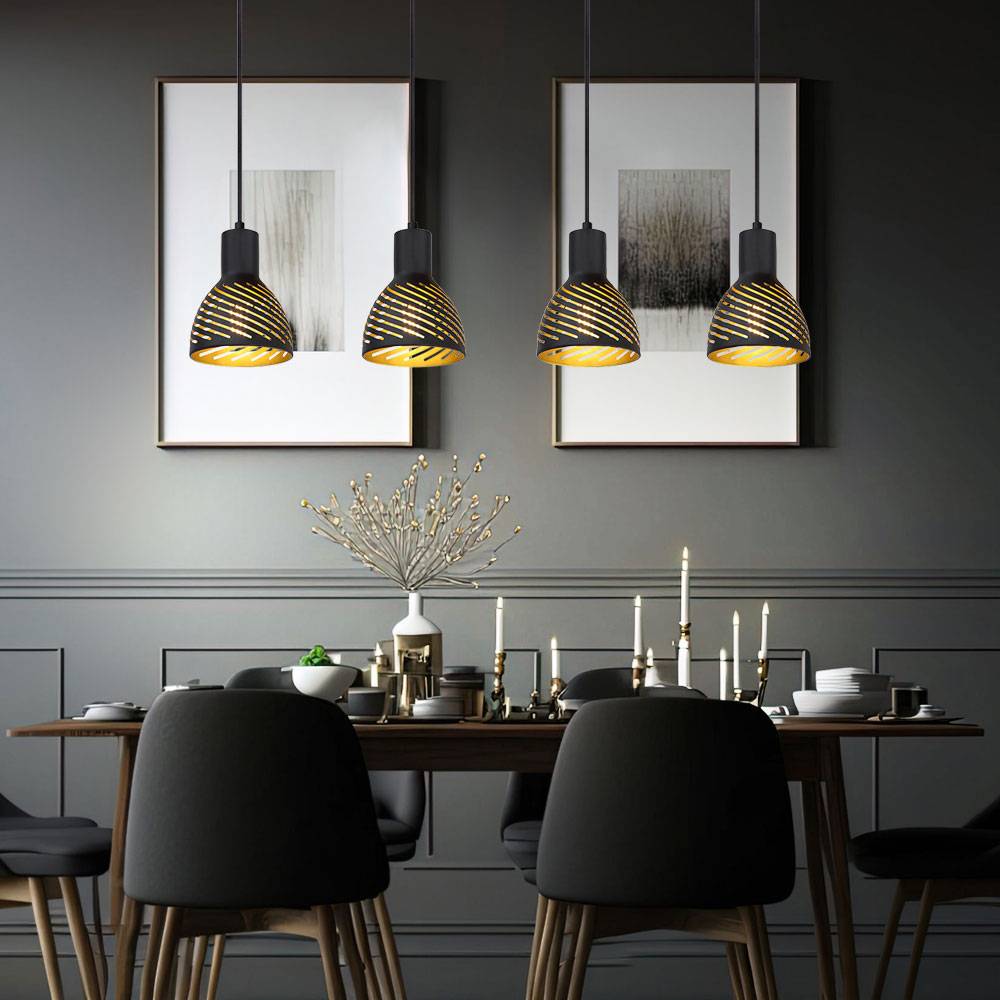 Hängelampe schwarz gold Esstischleuchte Pendellampe 4 flammig Wohnzimmer, Metall Holzoptik, 4x E27, LxH 90x120