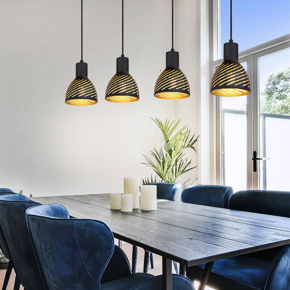 Hängelampe schwarz gold Esstischleuchte Pendellampe 4 flammig Wohnzimmer, Metall Holzoptik, 4x E27, LxH 90x120