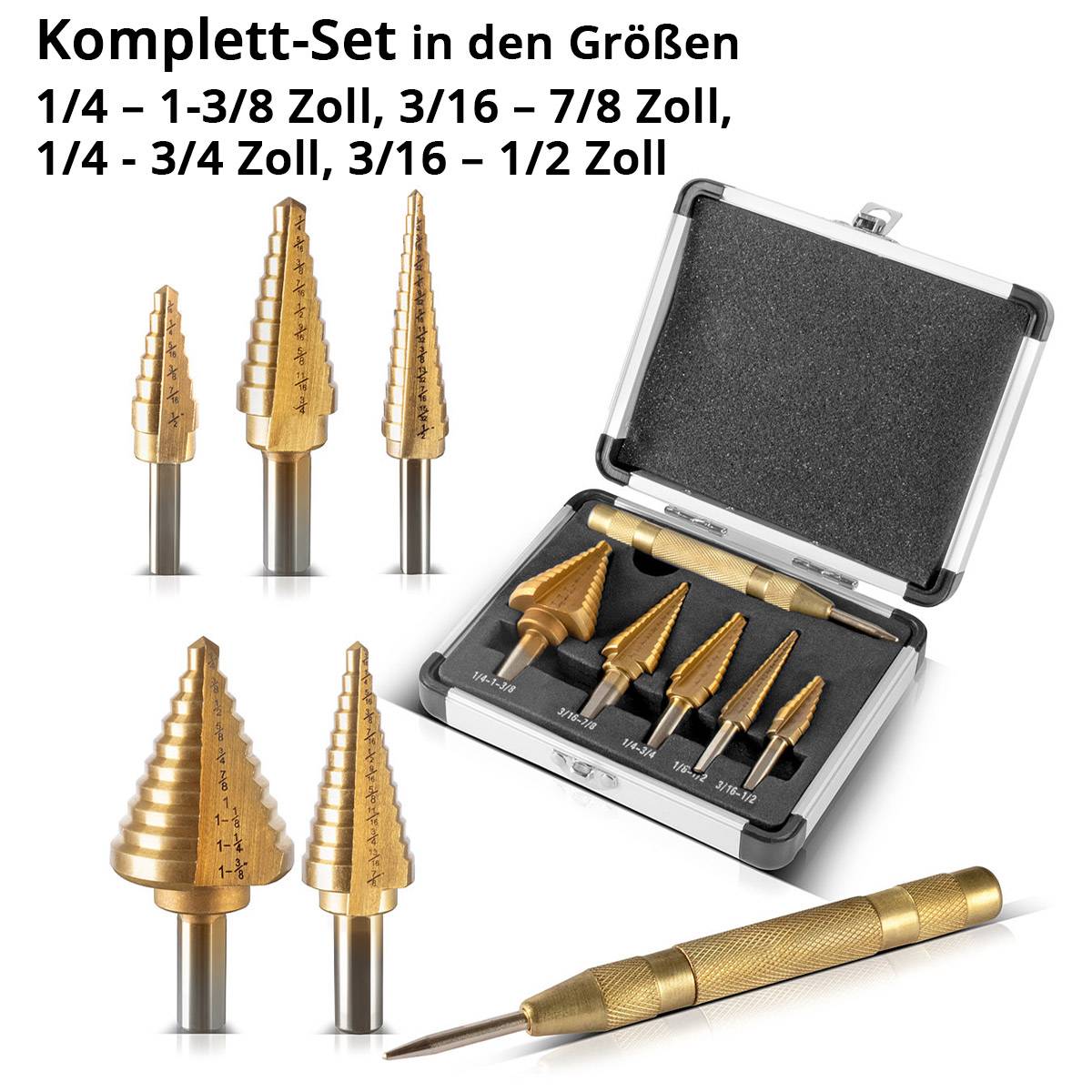 STAHLWERK HSS Stufenbohrer Set 6 Teile mit TiN-Beschichtung und Aluminiumkoffer