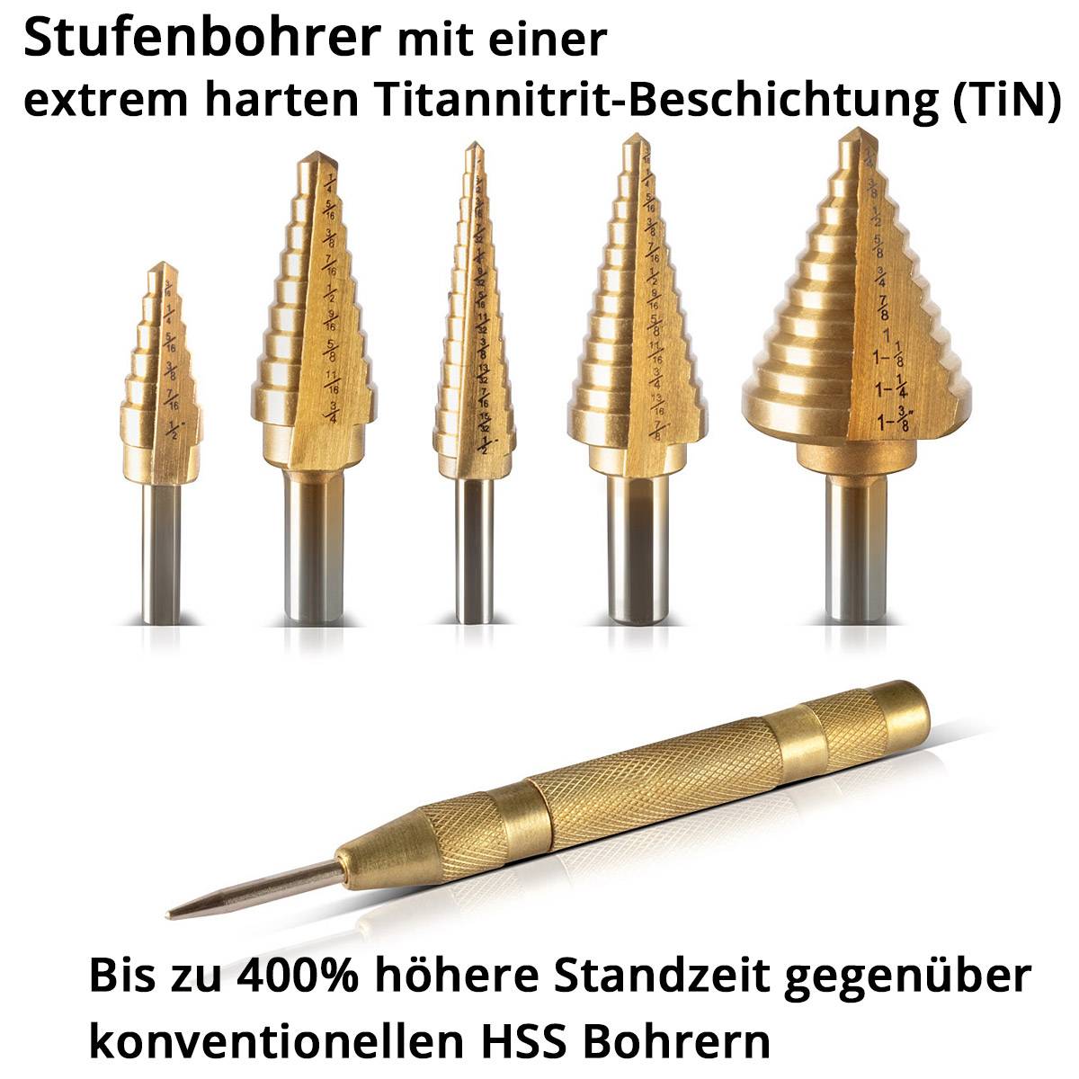 STAHLWERK HSS Stufenbohrer Set 6 Teile mit TiN-Beschichtung und Aluminiumkoffer