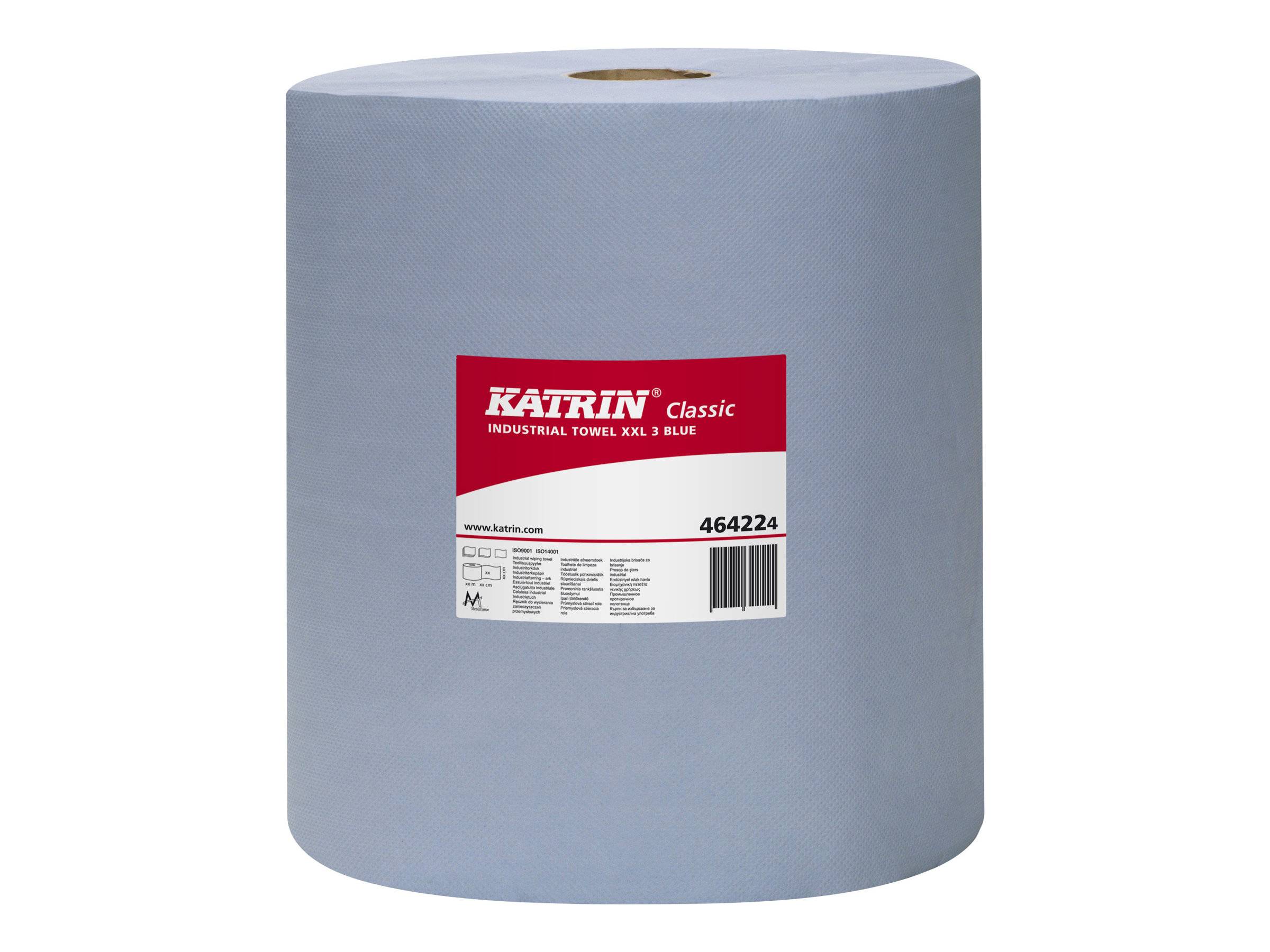 Große blaue industrielle Papierhandtuchrollen mit der Bezeichnung „Katrin Classic