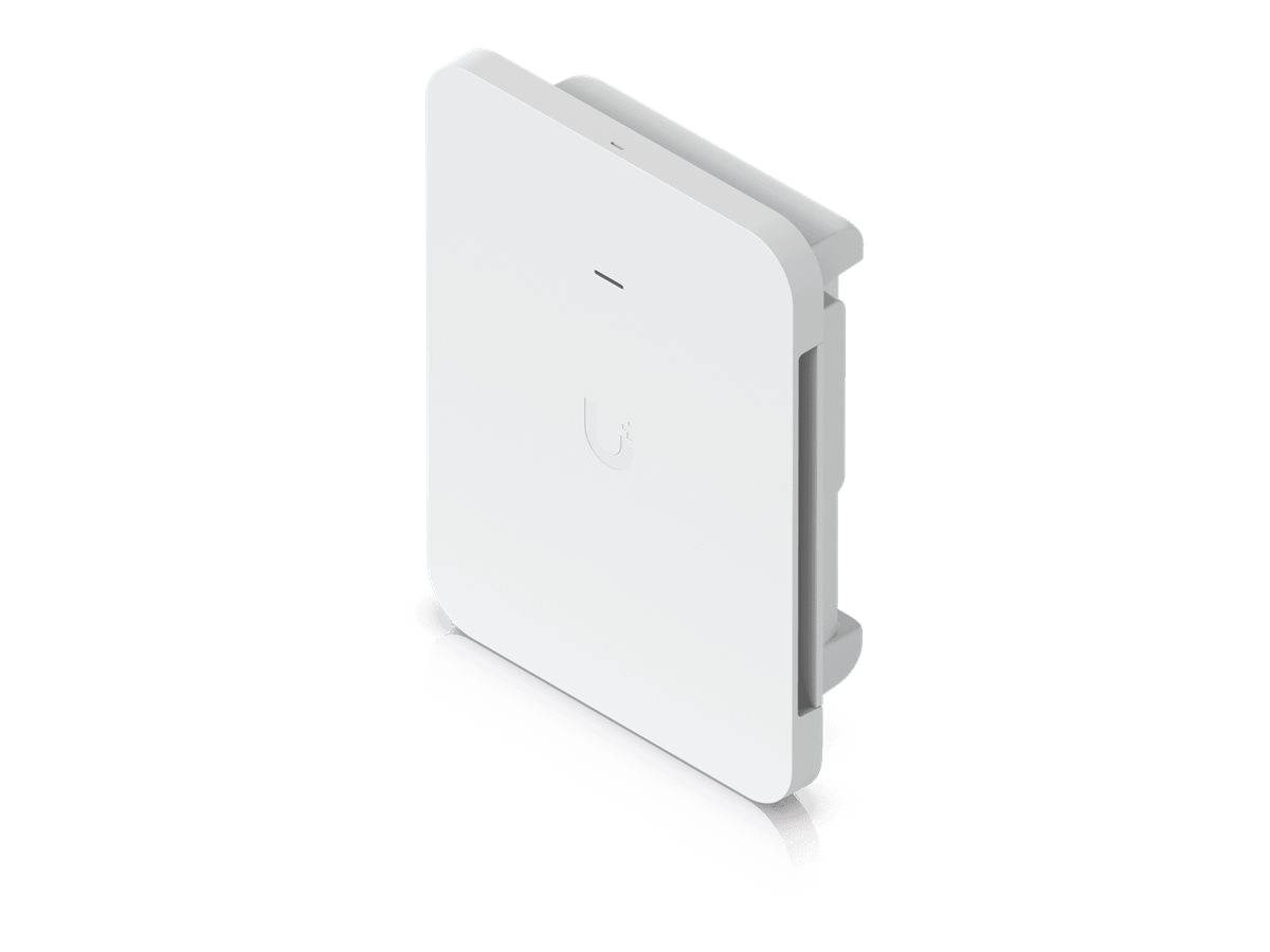 Weißes wandmontiertes Smart-Home-Kontrollpanel in schräger Seitenansicht, mit minimalistische quadratischer Vorderseite und Statusleuchte.
