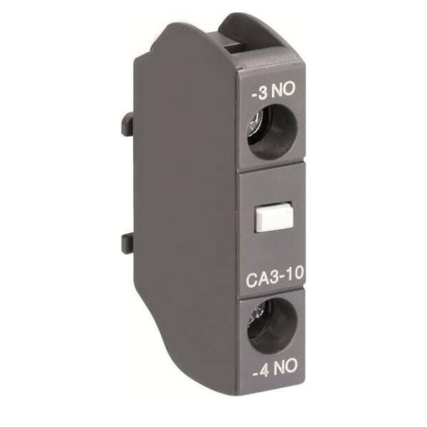 Eine Seitenansicht eines schwarzen Hilfsschalterkontaktblocks mit der Bezeichnung 'CA3-10', der zwei Kontaktpunkte mit den Markierungen '-3 NO' und '-4 NO' zeigt.