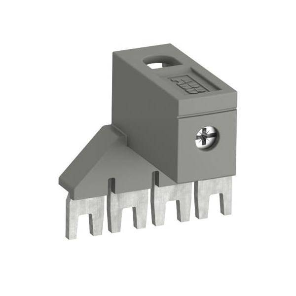 Ein grauer elektrischer Klemmblock mit einem rechteckigen Gehäuse und mehreren silbernen Kontakten, ausgestattet mit einer Schraube zur Befestigung von Drähten.