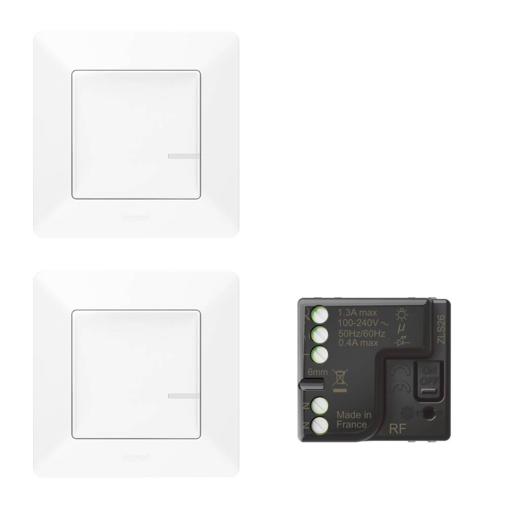 Zwei weiße Lichtschalter und ein quadratisches RF-Schaltmodul. Die Schalter haben ein schlichtes, modernes Design, und das Modul enthält technische Spezifikationen.