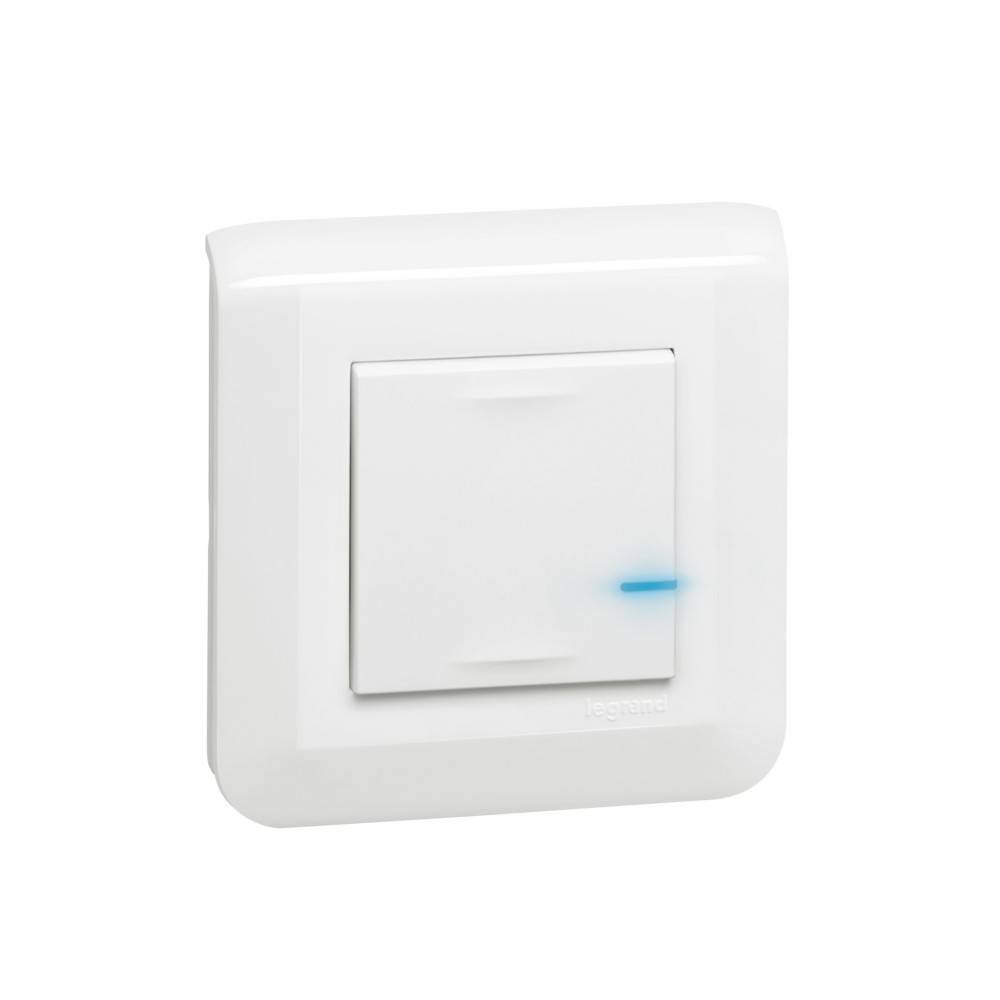 Ein weißer Wandschalter mit einem blauen Kontrolllämpchen, in der Ausschaltposition dargestellt.