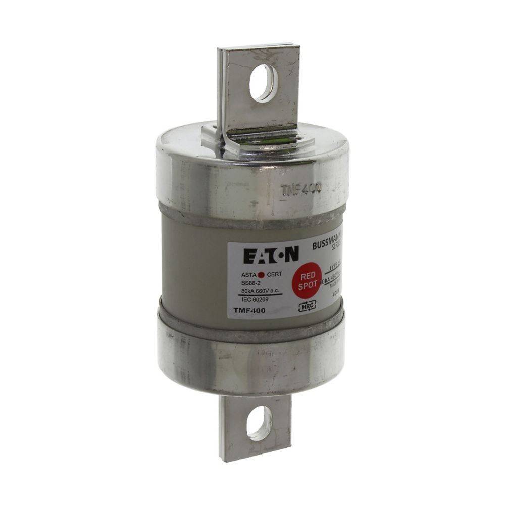 Eine zylindrische Eaton Bussmann Elektrosicherung mit Metallkappen und Befestigungslöchern an beiden Enden, mit der Bezeichnung 'Red Spot' und Spezifikationen.