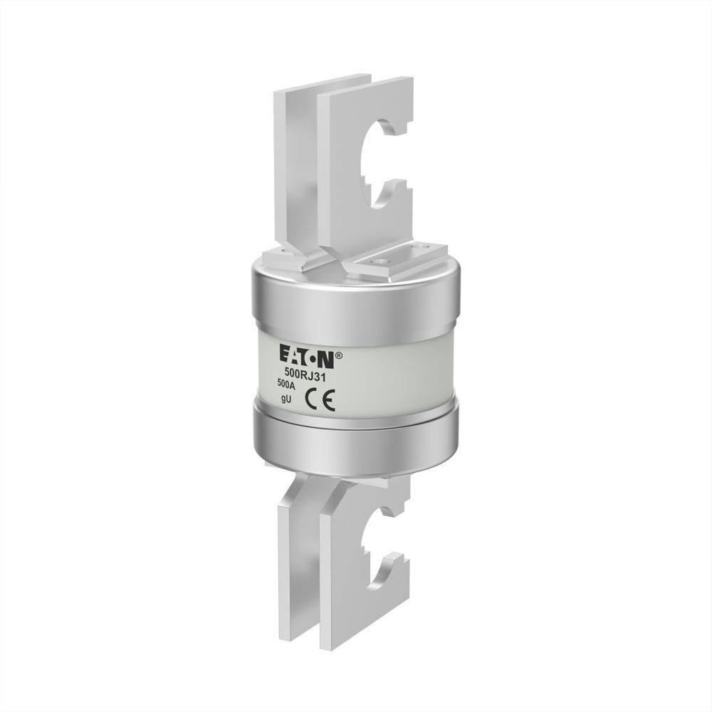 Eine zylindrische elektrische Sicherung mit der Bezeichnung 'Eaton 500JR31 63A' mit Metallkontakten an Ober- und Unterseite, die zum Schutz von elektrischen Stromkreisen verwendet wird.