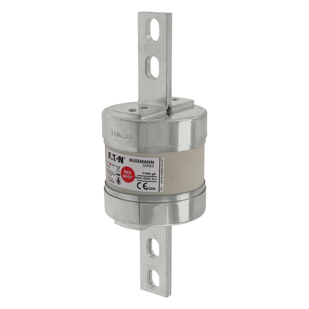Eine zylindrische elektrische Sicherung mit Metallhalterungen oben und unten, versehen mit einem Etikett mit Markenzeichen und technischen Spezifikationen.