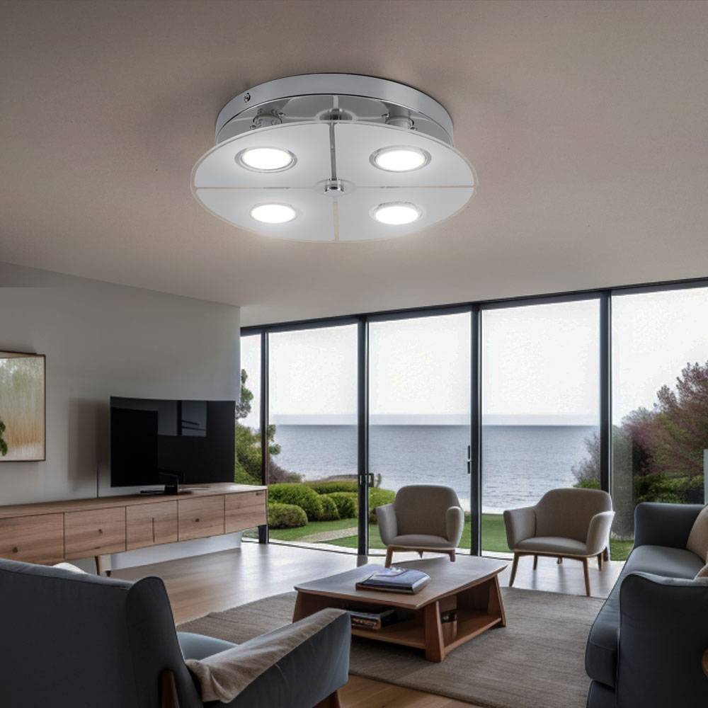 Deckenleuchte Chrom LED Deckenlampe Wohnzimmer, Glas satiniert, 4x 3W 250lm 3000K, DxH 30x7,5 cm