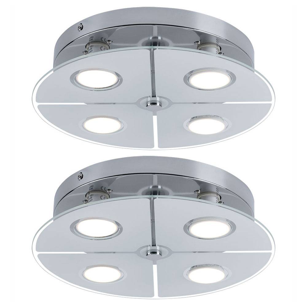 Deckenleuchte Chrom LED Deckenlampe Wohnzimmer, Glas satiniert, 4x 3W 250lm 3000K, DxH 30x7,5 cm, 2er Set