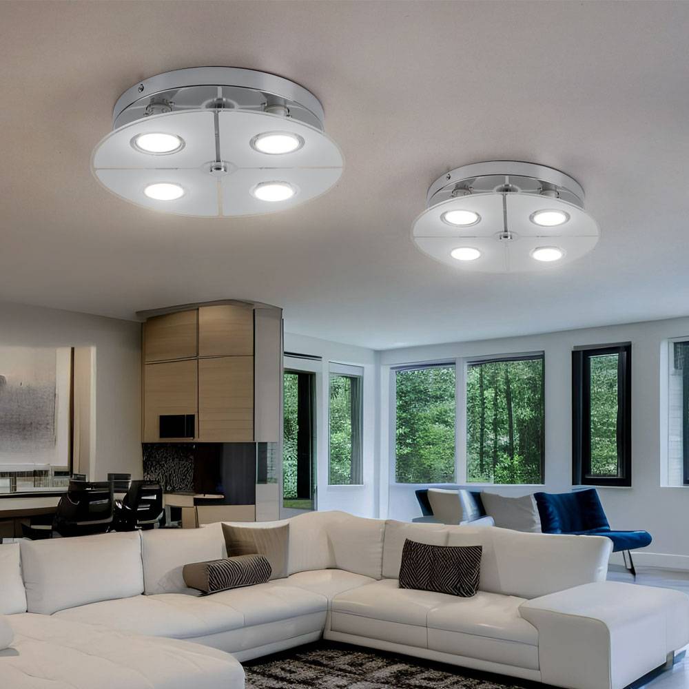 Deckenleuchte Chrom LED Deckenlampe Wohnzimmer, Glas satiniert, 4x 3W 250lm 3000K, DxH 30x7,5 cm, 2er Set