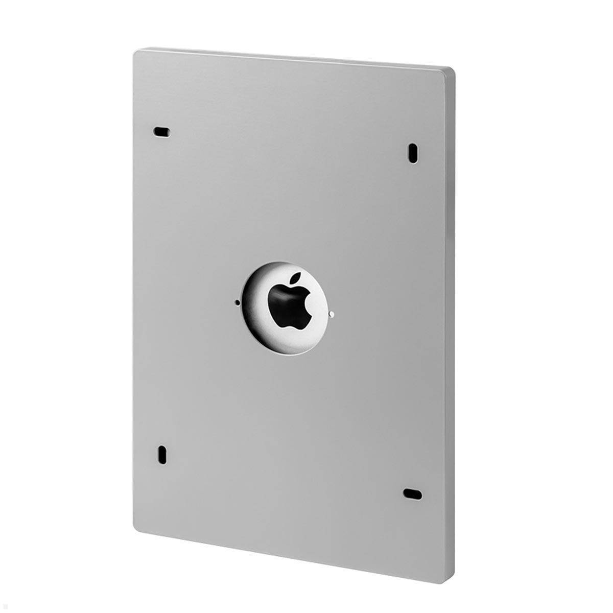 Silberne Metalladapterplatte mit Apple-Logo in der Mitte, für Montagezwecke konzipiert. Rechteckige Form mit mehreren Befestigungslöchern.