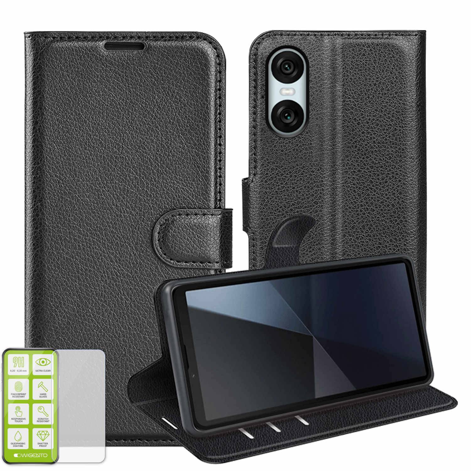 Für Sony Xperia 10 VI Kunst Leder Book Wallet Tasche Schwarz + H9 Glas