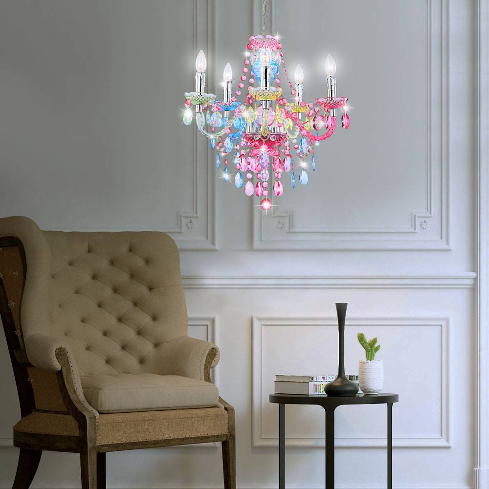 Kronleuchter Lüster Hängeleuchte Kristallleuchte Hängelampe Regenbogenfarbig, Chrom, Acrylkristalle, 5 flammig, 5x E14 Fassungen, DxH: 51x149 cm