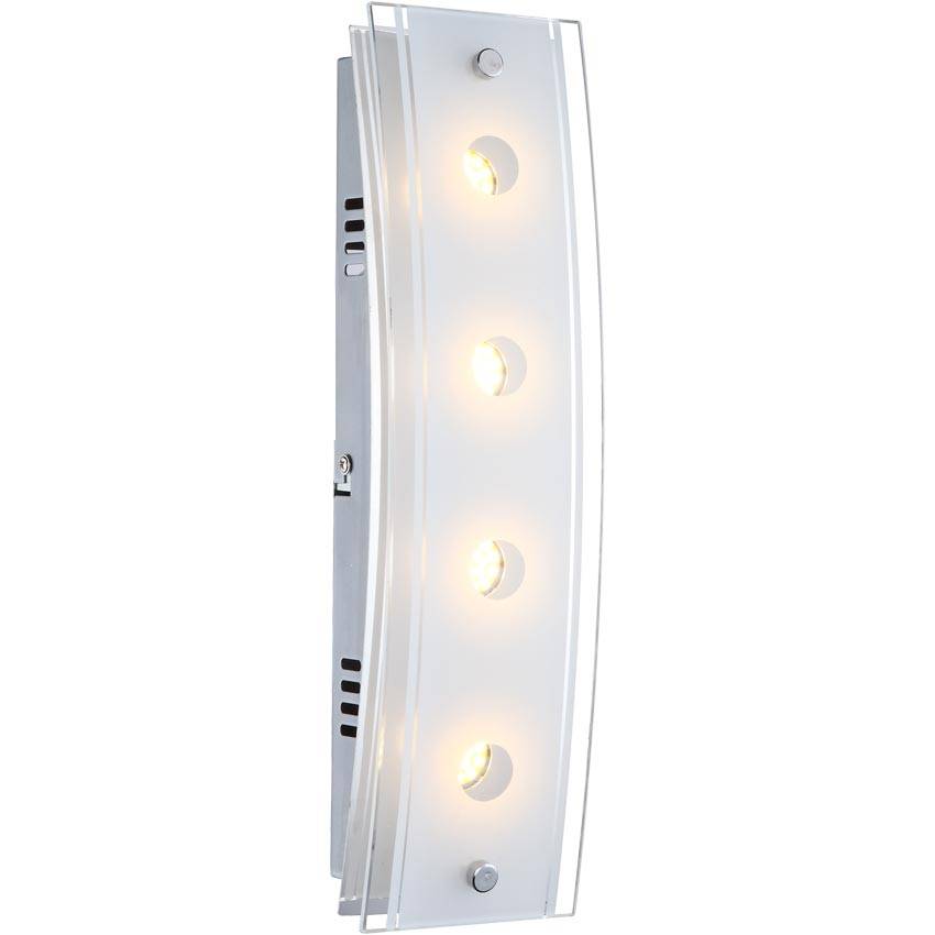 Wandlampe 4 Flammig Wandleuchte Chrom Wohnzimmerlampe Flurleuchte Glas teilsatiniert, Schalter, 4x LED 5W 200Lm warmweiß, LxBxH 33x9x6,5 cm