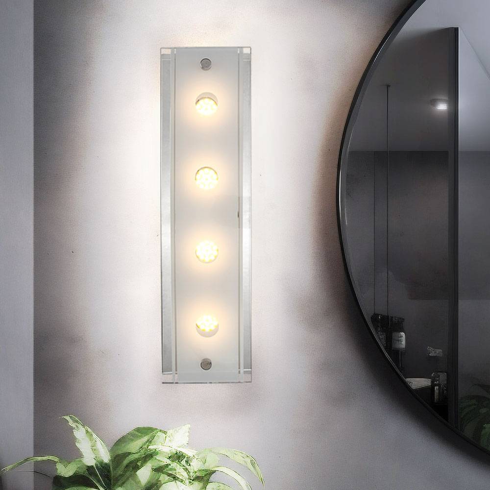 Wandlampe 4 Flammig Wandleuchte Chrom Wohnzimmerlampe Flurleuchte Glas teilsatiniert, Schalter, 4x LED 5W 200Lm warmweiß, LxBxH 33x9x6,5 cm