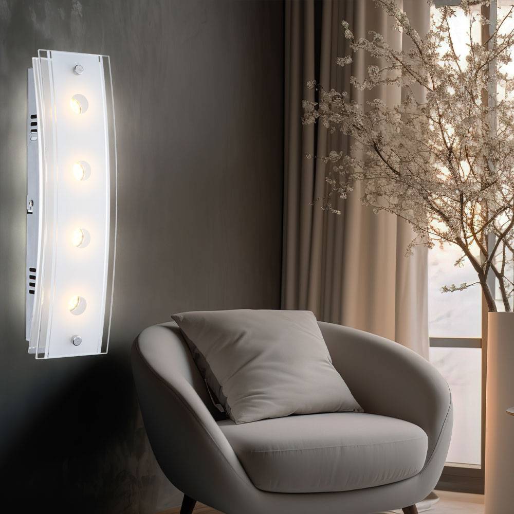 Wandlampe 4 Flammig Wandleuchte Chrom Wohnzimmerlampe Flurleuchte Glas teilsatiniert, Schalter, 4x LED 5W 200Lm warmweiß, LxBxH 33x9x6,5 cm