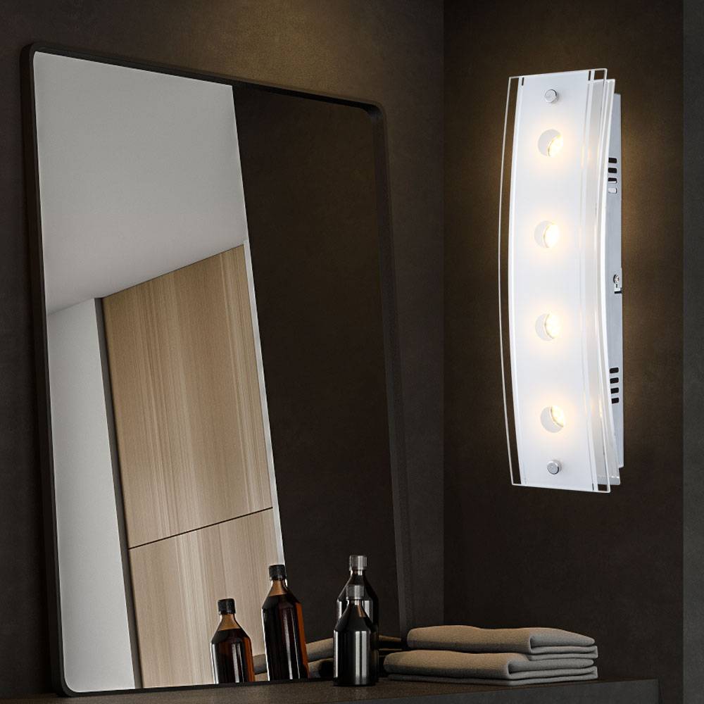 Wandlampe 4 Flammig Wandleuchte Chrom Wohnzimmerlampe Flurleuchte Glas teilsatiniert, Schalter, 4x LED 5W 200Lm warmweiß, LxBxH 33x9x6,5 cm