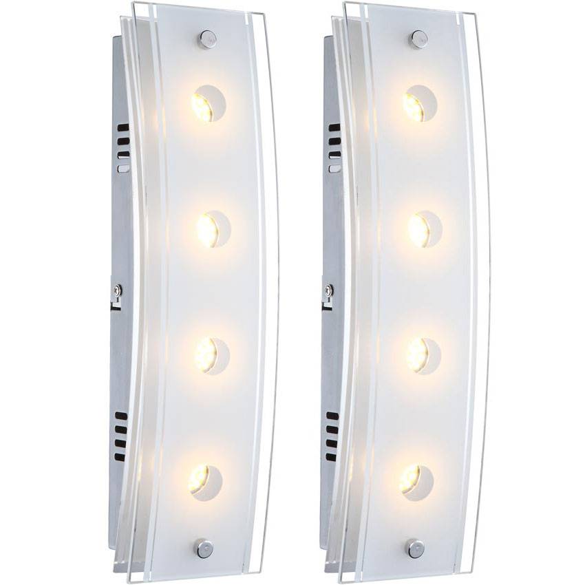 Wandlampe 4 Flammig Wandleuchte Chrom Wohnzimmerlampe Flurleuchte Glas teilsatiniert, Schalter, 4x LED 5W 200Lm warmweiß, LxBxH 33x9x6,5 cm, 2er Set