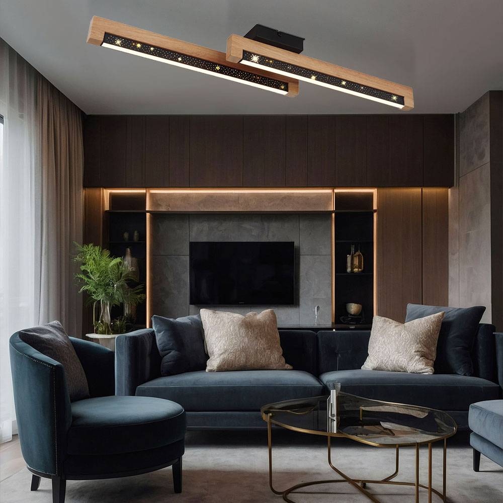 Deckenleuchte Deckenlampe Holzlampe Esszimmerleuchte Wohnzimmerlampe Schlafzimmerleuchte, Metall Holz Alu Kunststoff schwarz braun, Sterneneffekt