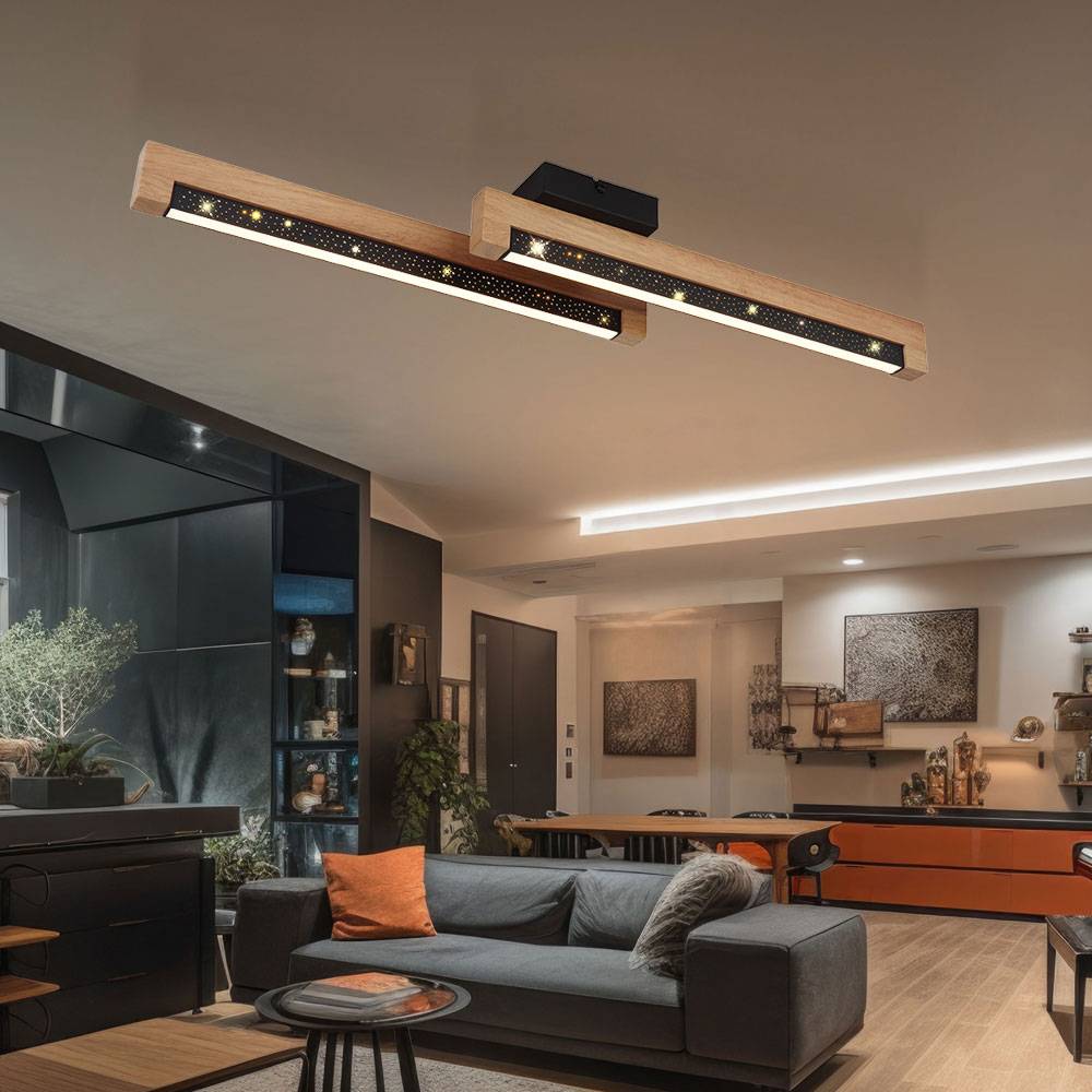 Deckenleuchte Deckenlampe Holzlampe Esszimmerleuchte Wohnzimmerlampe Schlafzimmerleuchte, Metall Holz Alu Kunststoff schwarz braun, Sterneneffekt