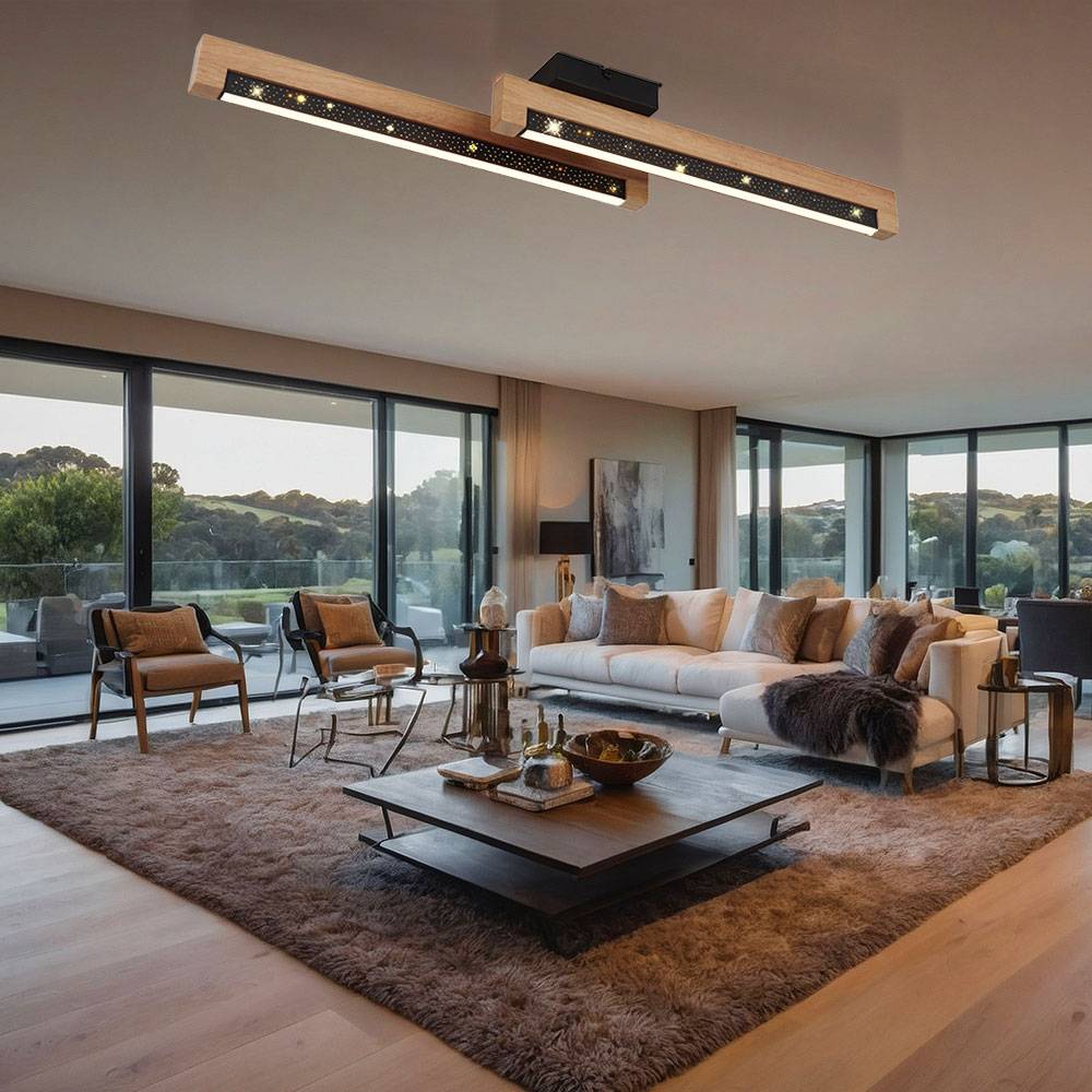 Deckenleuchte Deckenlampe Holzlampe Esszimmerleuchte Wohnzimmerlampe Schlafzimmerleuchte, Metall Holz Alu Kunststoff schwarz braun, Sterneneffekt