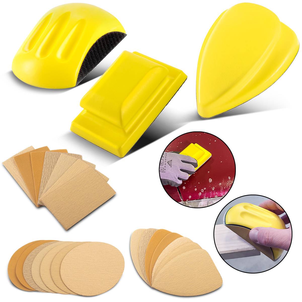 STAHLWERK Handschleifblock 3er Set aus PU-Schaumstoff mit Klett-Schleifmittel